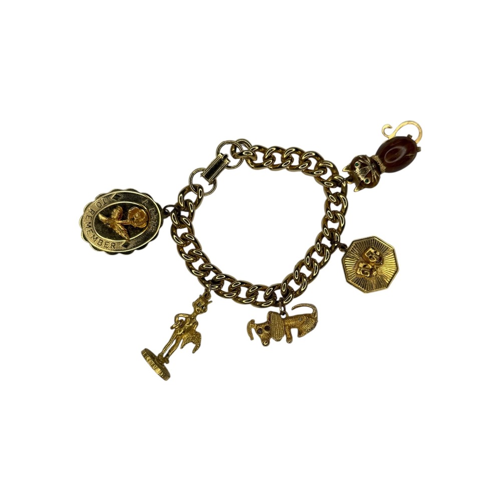 House of Borvani HobCo Charm Bracelet Gold Tone 7.5in Charm Poodle Cat Mask Rose